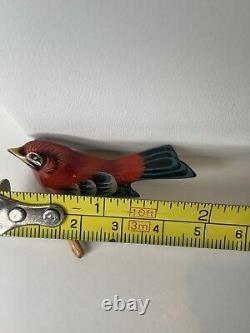 Vintage Takahashi Male Scarlet Tanager Bird Pin Hand Painted Wooden Brooch