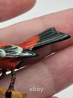 Vintage Takahashi Scarlet Tanger Hand Carved Painted Bird Brooch Pin