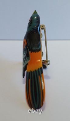 Vintage Takahashi Style Carved Painted Wood Baltimore Oriole Bird Pin Brooch