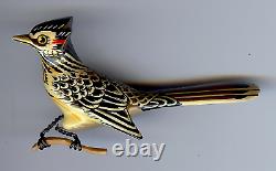 Vintage Takahashi Style Carved Painted Wood Roadrunner Bird Pin Brooch