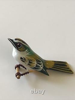 Vintage Takahashi Warbler BIRD Pin Brooch Hand Carved Wood Painted