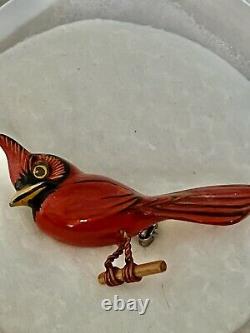 Vintage Takahashi Wood Carved Hand Painted Red Cardinal Bird Brooch Pin