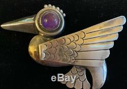 Vintage Taxco Mexico Large Silver Amethyst Bird Pin Brooch c. 1930's rare