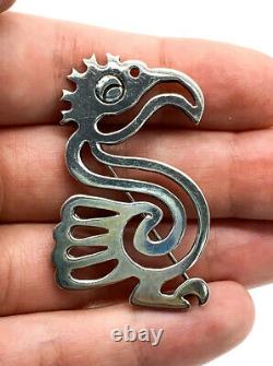 Vintage Taxco Mexico Sterling Silver Aztec Parrot Bird Glyph Pin Brooch