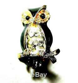 Vintage Tiny Owl Brooch Gilded & Enameled B&w Butler & Wilson
