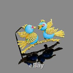 Vintage Toliro 18k Gold Ruby & Turquoise Love Birds Pin Brooch Signed Beauty