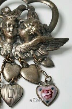 Vintage Top Shelf Silver Tone Brooch AB Dangle Puffy Hearts Birds Angels Cherubs