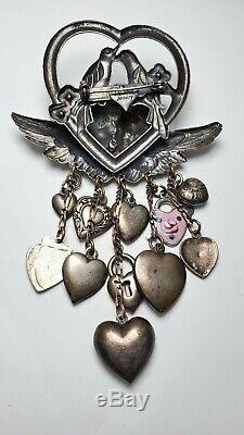 Vintage Top Shelf Silver Tone Brooch AB Dangle Puffy Hearts Birds Angels Cherubs