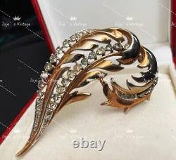 Vintage Trifari 1948 Gold Plate Crystal Rhinestone Bird Feather Brooch