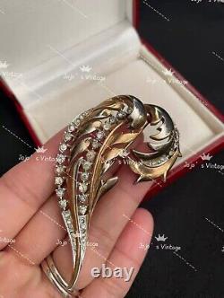 Vintage Trifari 1948 Gold Plate Crystal Rhinestone Bird Feather Brooch