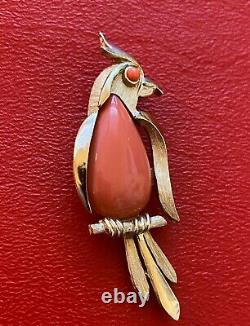 Vintage Trifari Faux Coral Jelly Belly Gold Tone Signed Parrot Bird Brooch Pin