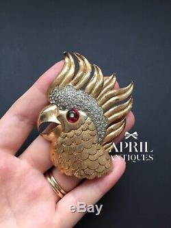 Vintage Trifari Parrot Head Bird Red glass Fur Clip Brooch