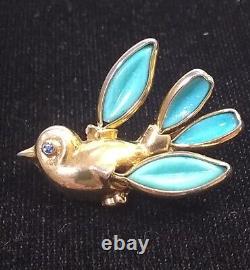Vintage Trifari Philippe Molded Glass Poured Blue Bird Petals Brooch Pin