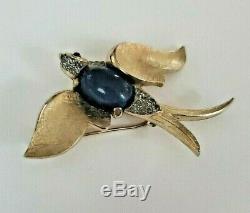 Vintage Trifari Rhinestone Swallow Bird Sapphire Blue Jelly Belly Figural Brooch