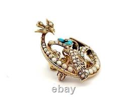 Vintage Turquoise & Seed Pearl 9ct Yellow Gold Bird & Flower Brooch
