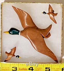 Vintage Unique Wood Carved & Painted Mallard Duck Brooch & Earrings Screw Back