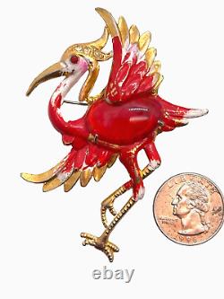 Vintage Unsigned 1940's Enameled Heron Bird Figural Brooch Red Cabochon Belly