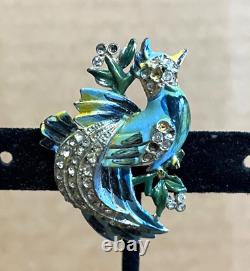 Vintage Unsigned Coro Blue Enamel Rhinestone Single Bird Fur Clip Brooch Pin
