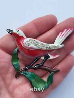 Vintage Unsigned Coro Red Bird On Branch W Rhinestones Cold Paint Enamel Brooch