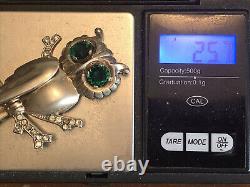 Vintage Unusual 925 Sterling Silver Green Rhinestone Eyed OWL Pin Brooch 25.7g