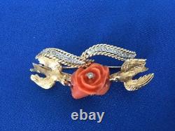 Vintage Victorian Dove Bird Coral Rose Diamond Ribbon 14k Brooch Signed