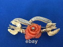 Vintage Victorian Dove Bird Coral Rose Diamond Ribbon 14k Brooch Signed