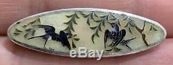 Vintage Victorian Pietra Dura Sterling Silver Pin Brooch Birds Trees
