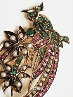 Vintage Victorian Revival Sterling Ruby, Emerald & Pearl Bird of Paradise Brooch