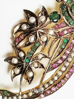 Vintage Victorian Revival Sterling Ruby, Emerald & Pearl Bird of Paradise Brooch