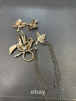 Vintage WOW STERLING silver double Song bird hummingbirds Pin Brooch Earring Set