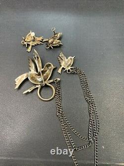 Vintage WOW STERLING silver double Song bird hummingbirds Pin Brooch Earring Set
