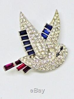 Vintage WWII Mazer Red Crystal Blue Rhinestone Patriotic Dove Bird Brooch Pin