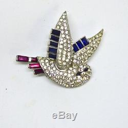 Vintage WWII Mazer Red Crystal Blue Rhinestone Patriotic Dove Bird Brooch Pin