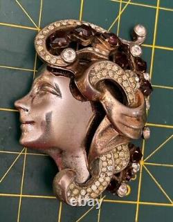 Vintage Woman Face Brooch Figural Sterling Flowing Hair Rhinestone Pin