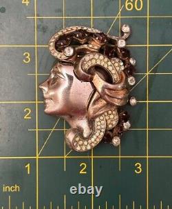 Vintage Woman Face Brooch Figural Sterling Flowing Hair Rhinestone Pin