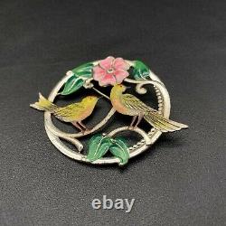 Vintage Yellow Song Bird Flower Sterling Silver Pin Brooch
