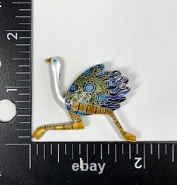 Vintage Zarah OSTRICH Bird Enamel Sterling Silver Brooch Pin