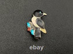 Vintage Zuni Bird Turquoise MOP Coral Sterling Silver Pin Brooch Pendant