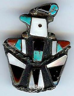 Vintage Zuni Indian Silver Inlaid Turquoise Coral Onyx Bird Pin Brooch