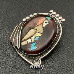 Vintage Zuni Quail Bird Turquoise Coral MOP Sterling Silver Brooch Pendant