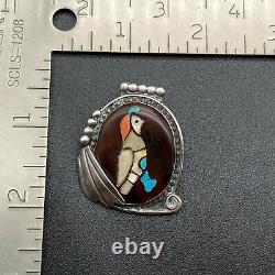 Vintage Zuni Quail Bird Turquoise Coral MOP Sterling Silver Brooch Pendant