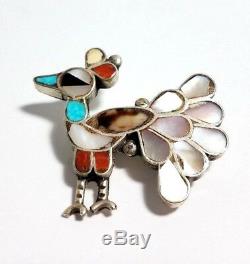 Vintage Zuni Sterling Silver Turquoise Coral Peacock Bird Pin Brooch Old Pawn