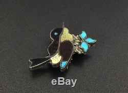 Vintage Zuni Sterling Silver Turquoise MOP Bird Pin Brooch Pendant