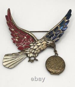 Vintage antique large enamel victory eagle sweetheart locket brooch pin