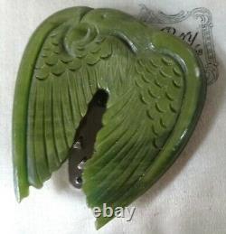 Vintage art deco swirl green carved lucite eagle bird dress clip brooch 30s -60