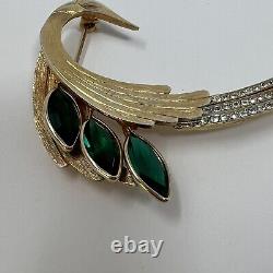 Vintage bird brooch pin Gold Tone Green & Rhinestone Tail Art Deco