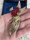 Vintage Brooch Bird Large Red Rhinestones Antique 1930s-1940s Very Rare Pin