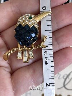 Vintage brooch Bird on Branch Navy blue rhinestones Very Beautiful Pin