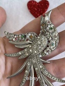 Vintage brooch Bird with Flowers Antique 1930s Large 3+ Flying Bird Very Rare
