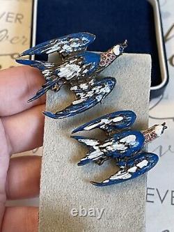 Vintage brooch Birds 2 ps set enamel Rare Fur Clip antique 1920-1940s very rare